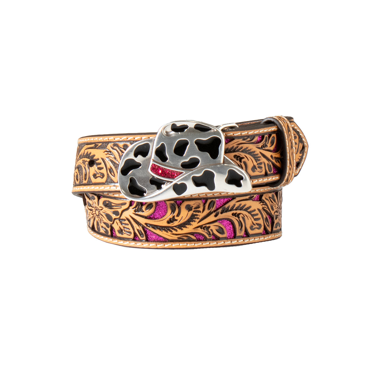 M&F Angel Ranch Kids Belt 1 1/4" Floral Filigree Glitter Underlay Natural D130003648