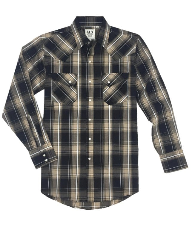 Men's Ely Cattleman Long Sleeve Textured Plaid Western Snap Shirt - Khaki E1F2029179