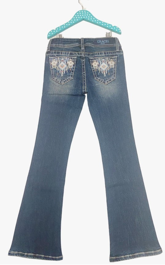 Grace Jeans Embellished Aztec Motif Detail Mid Rise Boot Cut EB-51837