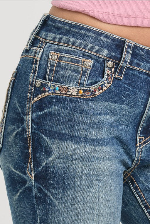 Grace In LA Horse Shoe/Floral Embroidery Mid Rise Bootcut Embroidered Jeans EB61993