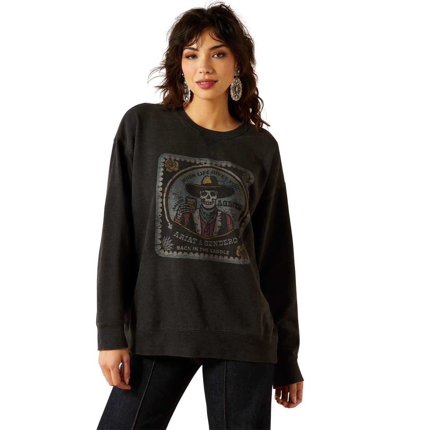 Ariat Unisex 10062829 Oversize Sendero When Life Gives You Agaves Sweatshirt in Black Mineral Wash