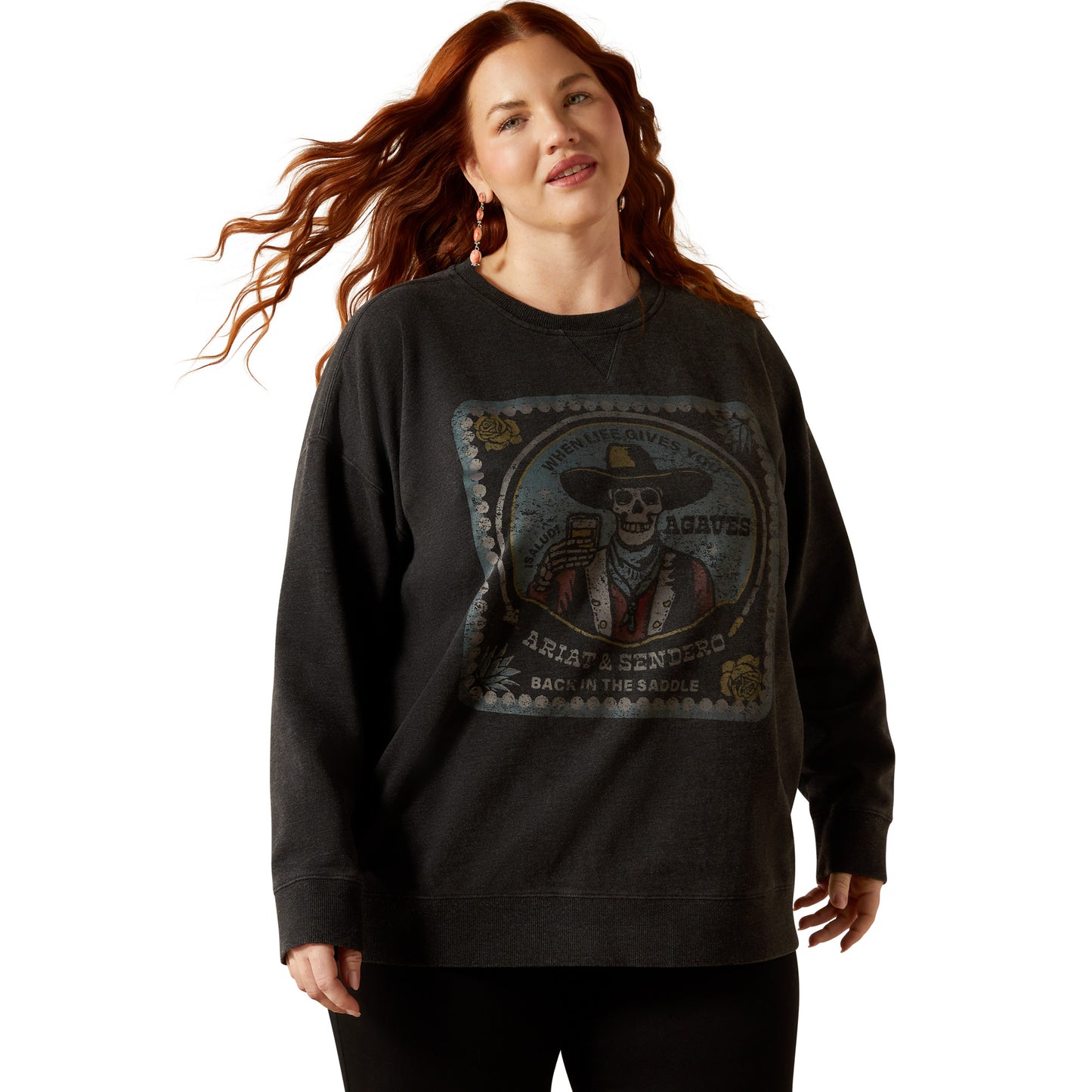 Ariat Unisex 10062829 Oversize Sendero When Life Gives You Agaves Sweatshirt in Black Mineral Wash