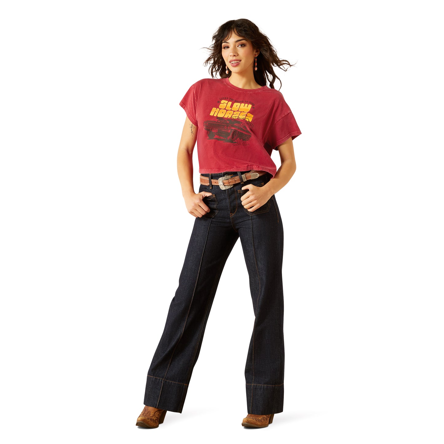 Ariat Ladies 10062911 Sendero Slow Horses T-Shirt in Biking Red Mineral Wash