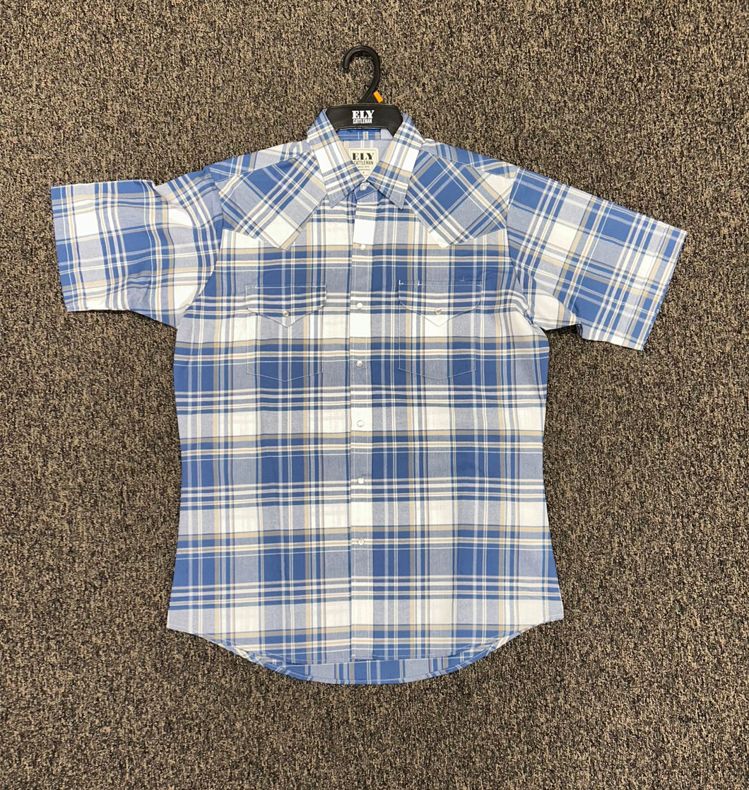 Men's Ely Cattleman Short Sleeve Plaid Western Snap Shirt - Blue 15208558