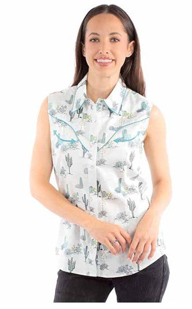 Scully HC935 Ladies Western Sleevelss Blouse with Desert Cactus Print Scene