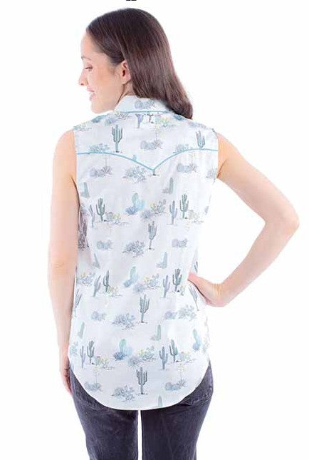 Scully HC935 Ladies Western Sleevelss Blouse with Desert Cactus Print Scene
