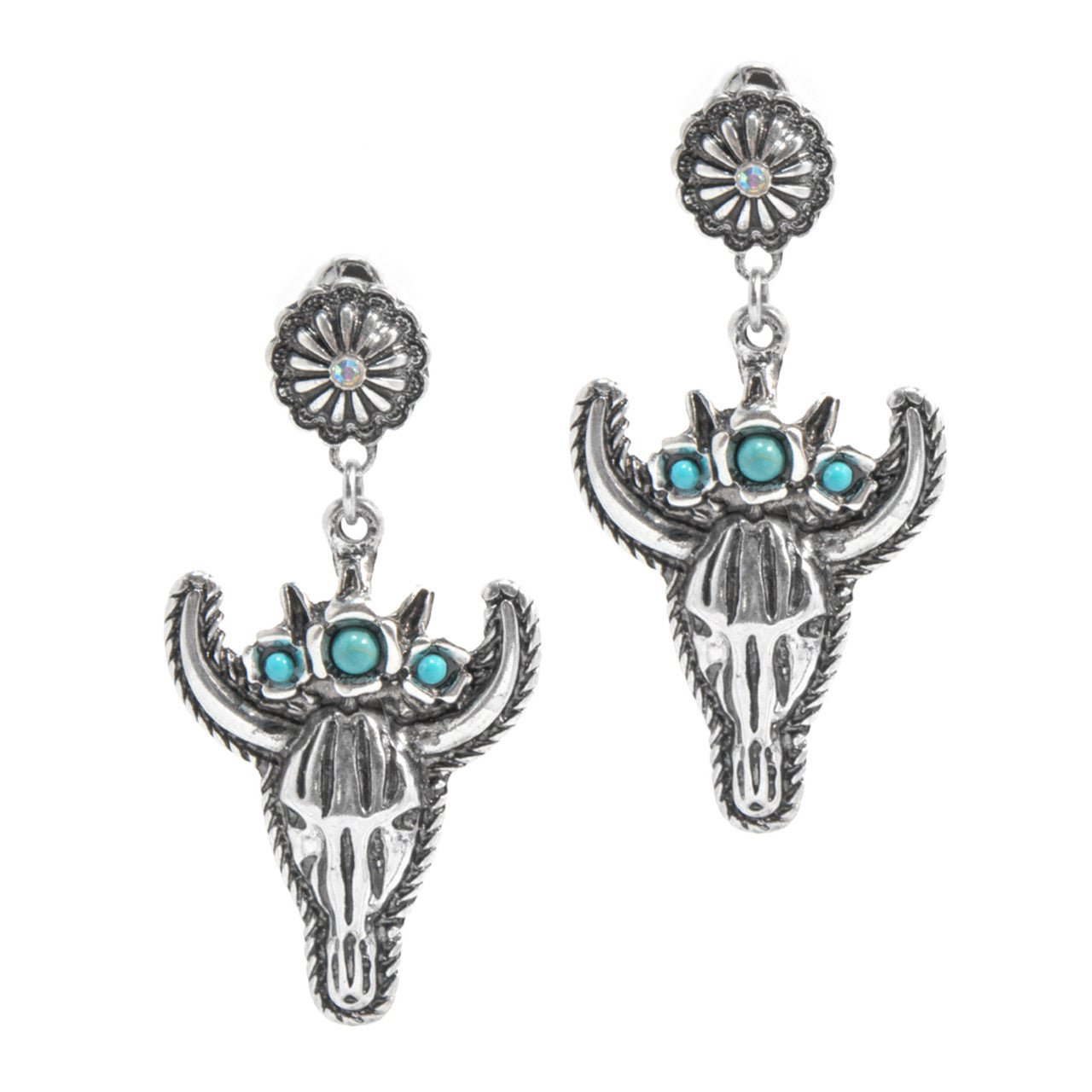 Western Express HE-11971 Western Bull Skull Dangle Earrings - Silver with Turquoise Accents