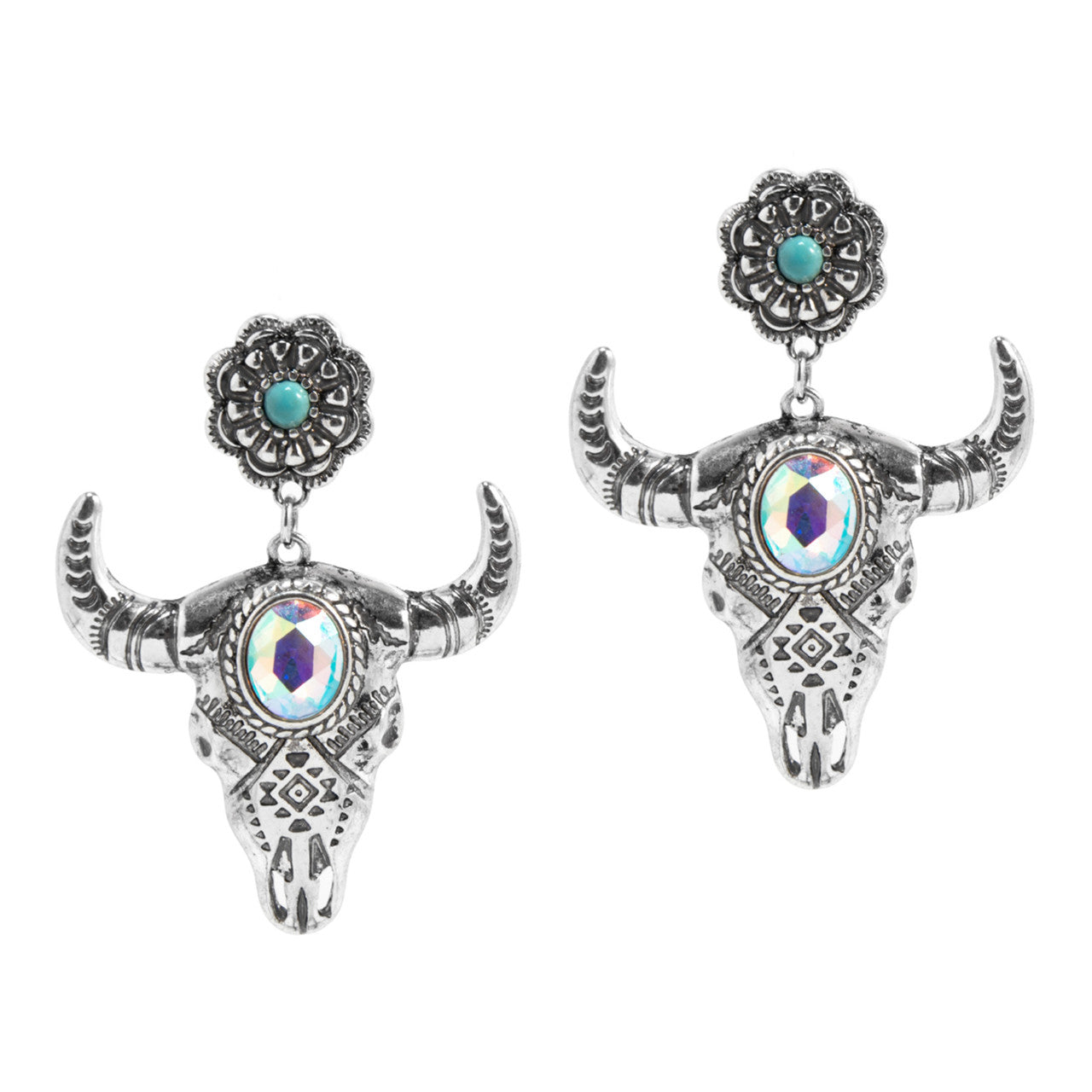 Western Express HE-11992 Western Bull Skull Dangle Earrings - Silver with Turquoise & Gemstone Detail