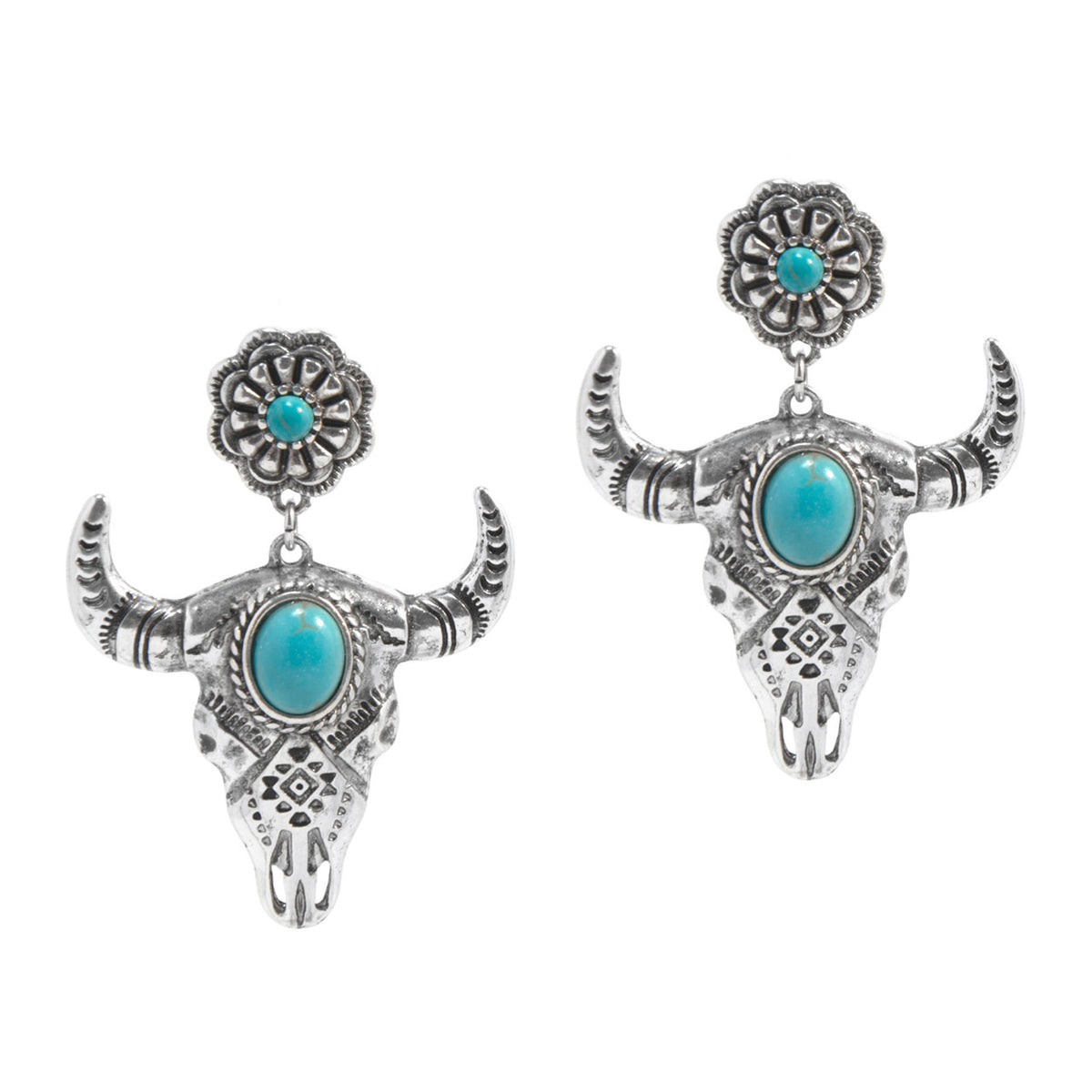 Western Express HE-11998 Western Bull Skull Dangle Earrings - Silver with Turquoise Stone