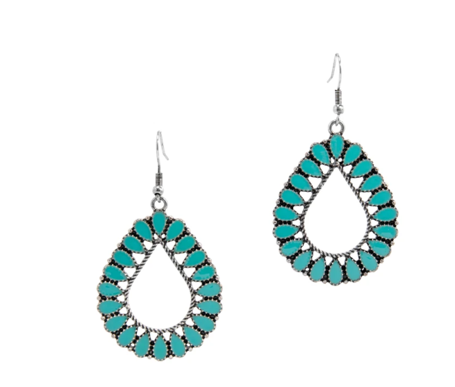 Western Express HE-3712 Western Turquoise Teardrop Dangle Earrings - Silver with Stone Border