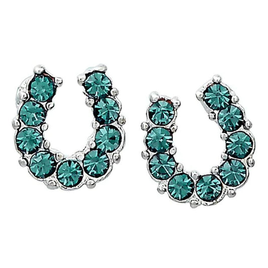 Western Express HE-200 Aqua Rhinestone Horseshoe Earrings in a Horsehead Shaped Gift Box
