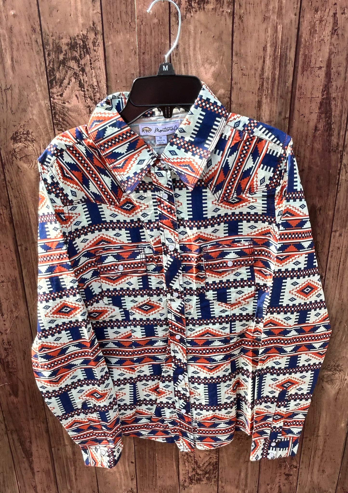 MontanaCo Ladies All Over Aztec Pattern in Orange & Navy Western Blouse L-1110