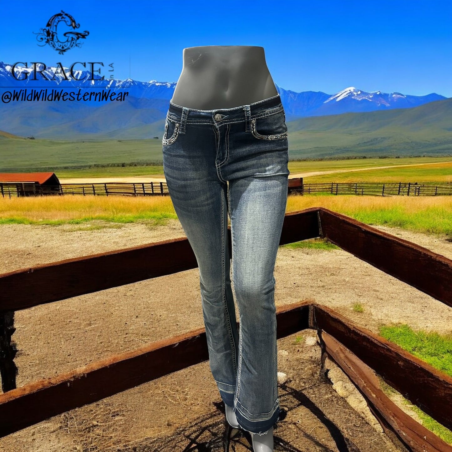 Grace Jeans Western Horseshoe Colourful Embroidered Mid Rise Bootcut Jeans EB61852