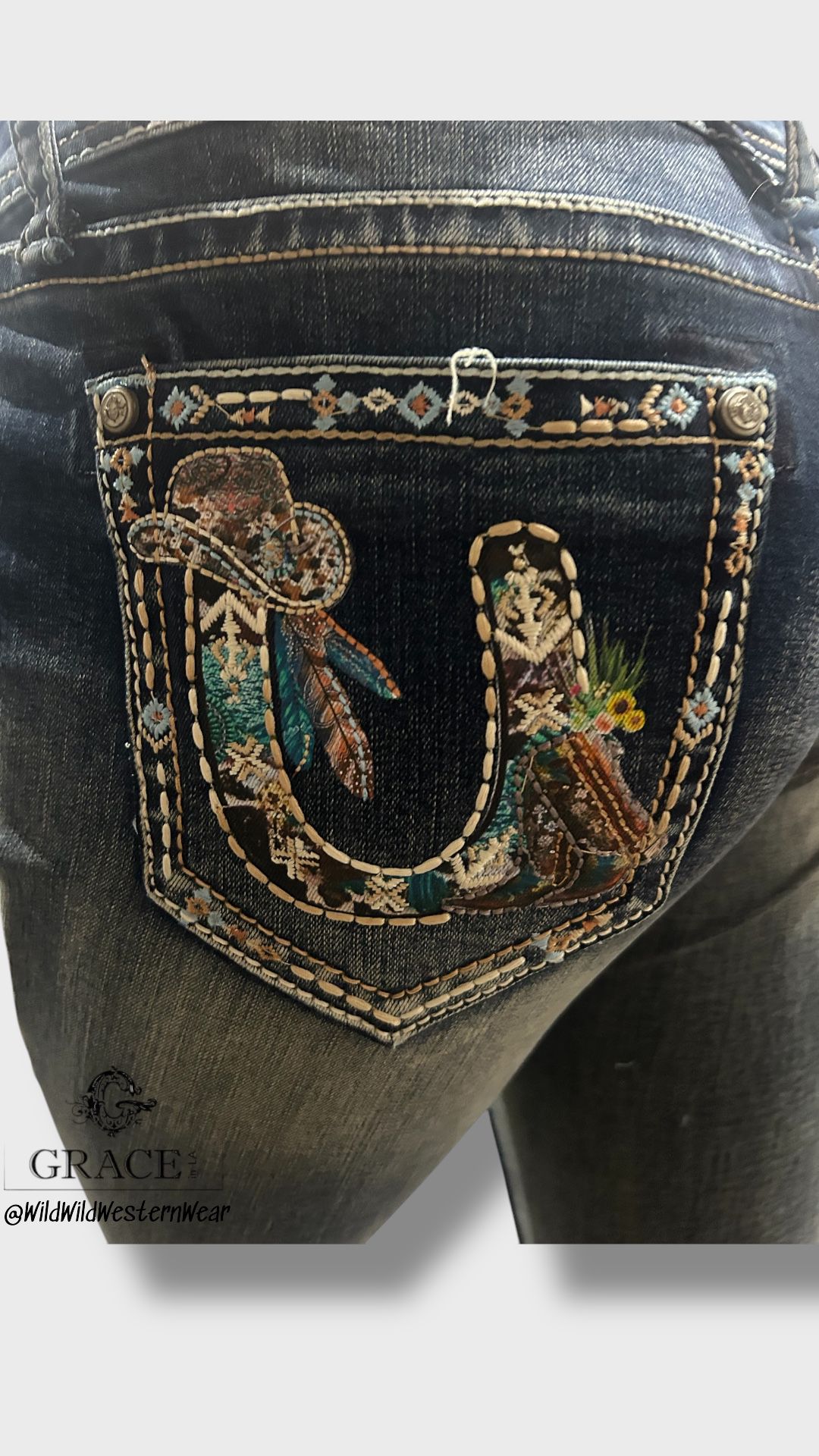 Grace Jeans Western Horseshoe Colourful Embroidered Mid Rise Bootcut Jeans EB61852