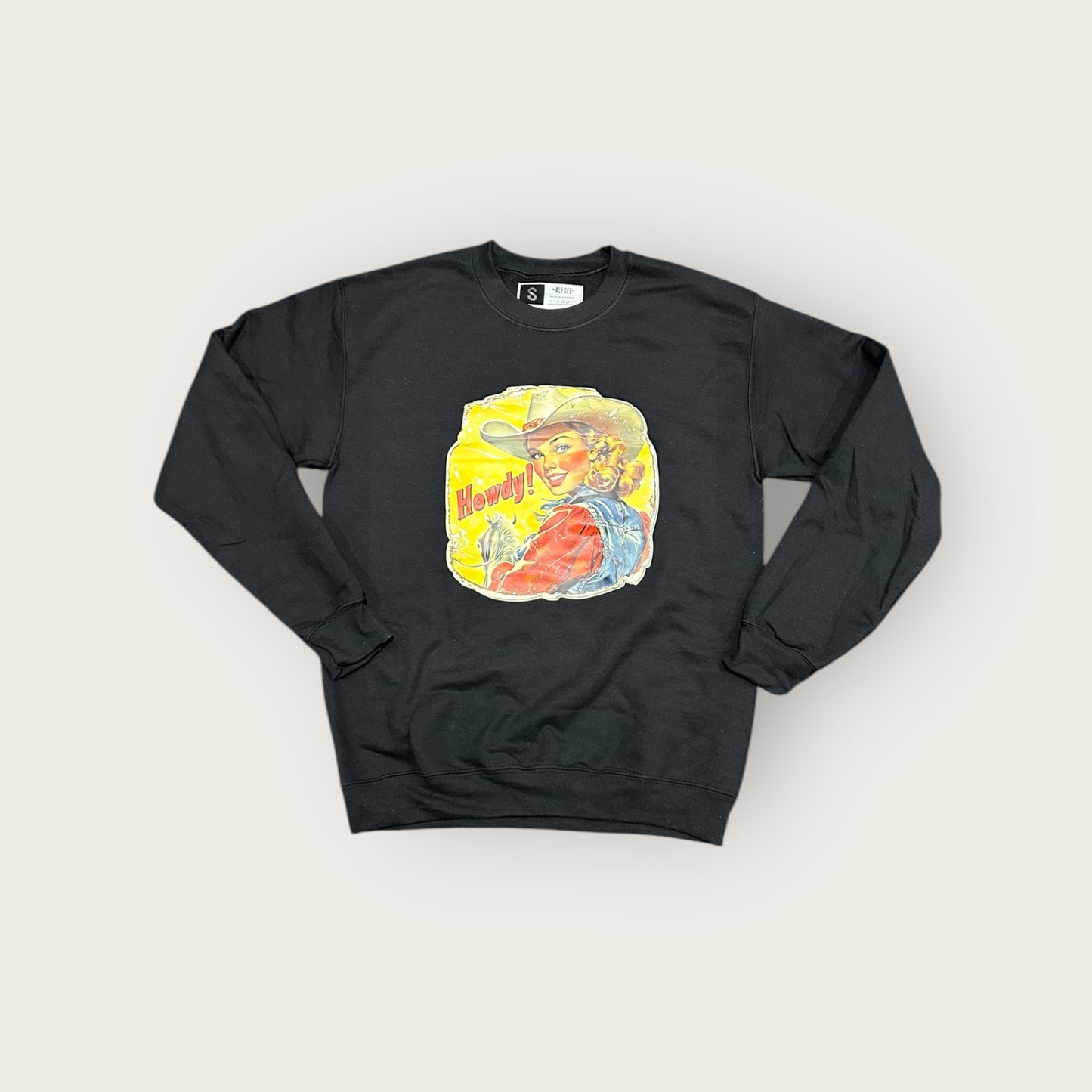 Ali Dee Howdy Vintage Cowgirl Graphic Crewneck in Black