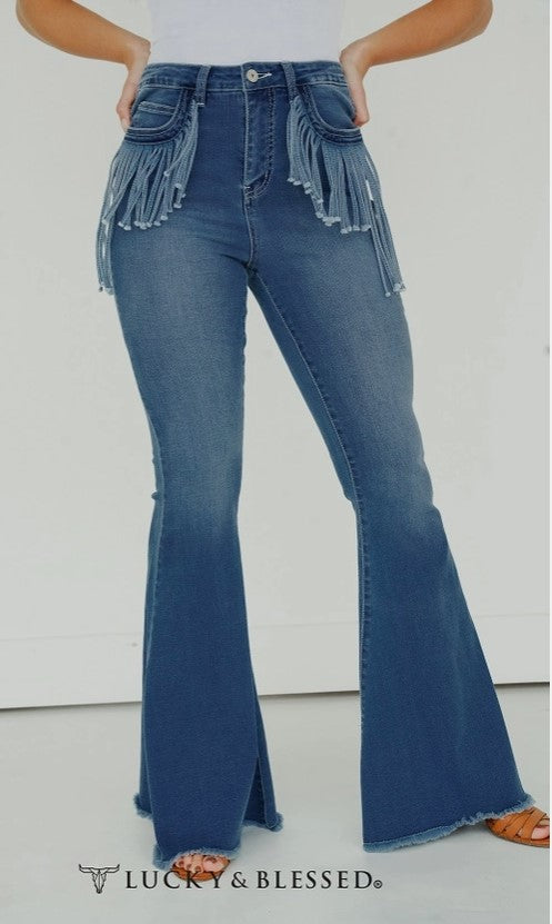 Lucky & Blessed Plus Size Denim Tummy Control Flare Jeans W Fringe Pockets JE165-MW-X
