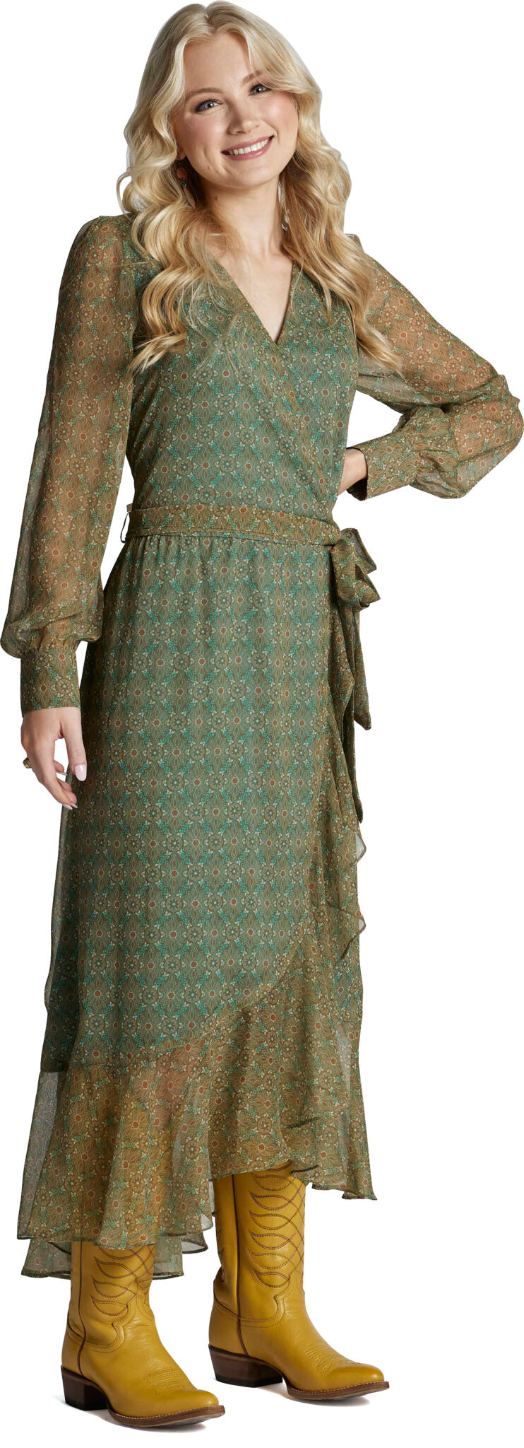 Justin Brands - Nicole Wrap Maxi Dress Green with Western Medallion Design J-2295