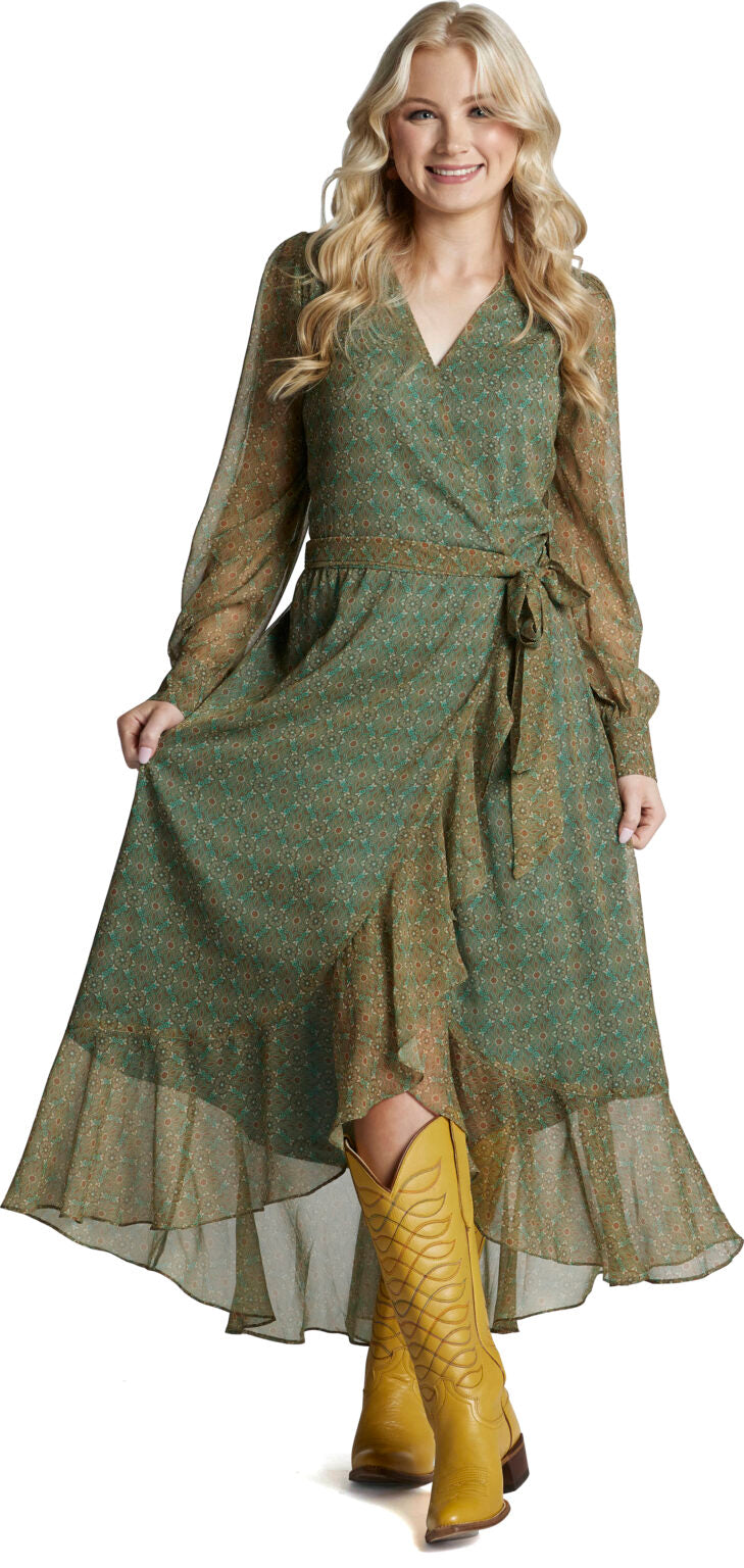 Justin Brands - Nicole Wrap Maxi Dress Green with Western Medallion Design J-2295