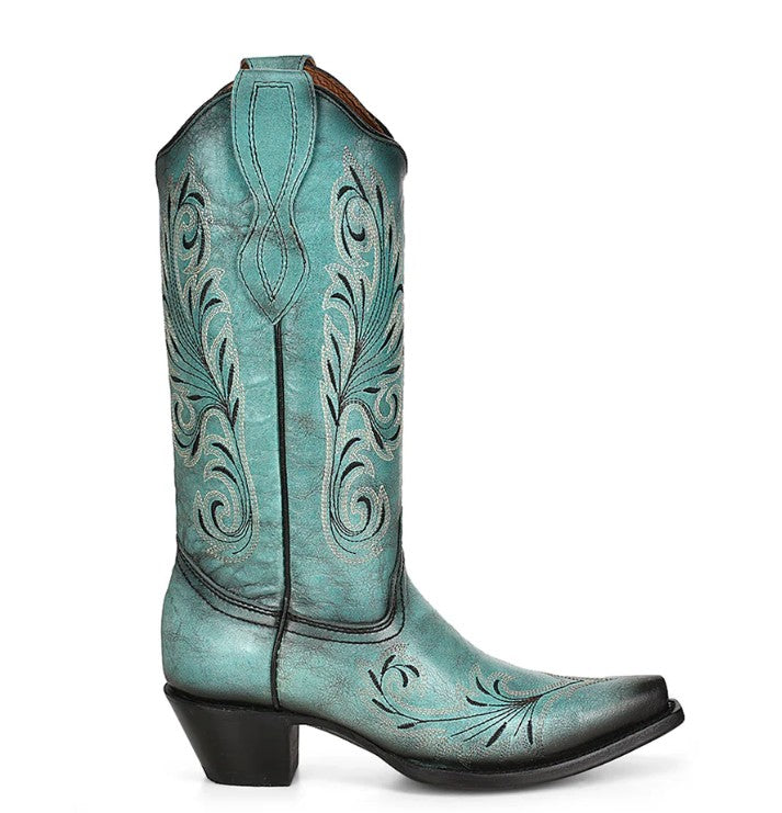 Circle G by Corral Ladies White & Black Embroidery Turquoise Snip Toe Cowboy Boots L2076