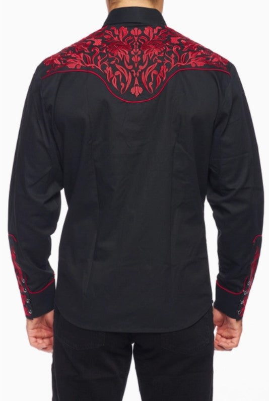 Rodeo Clothing Men's Western Embroidery Shirt PS500L-563 Red Embroidery