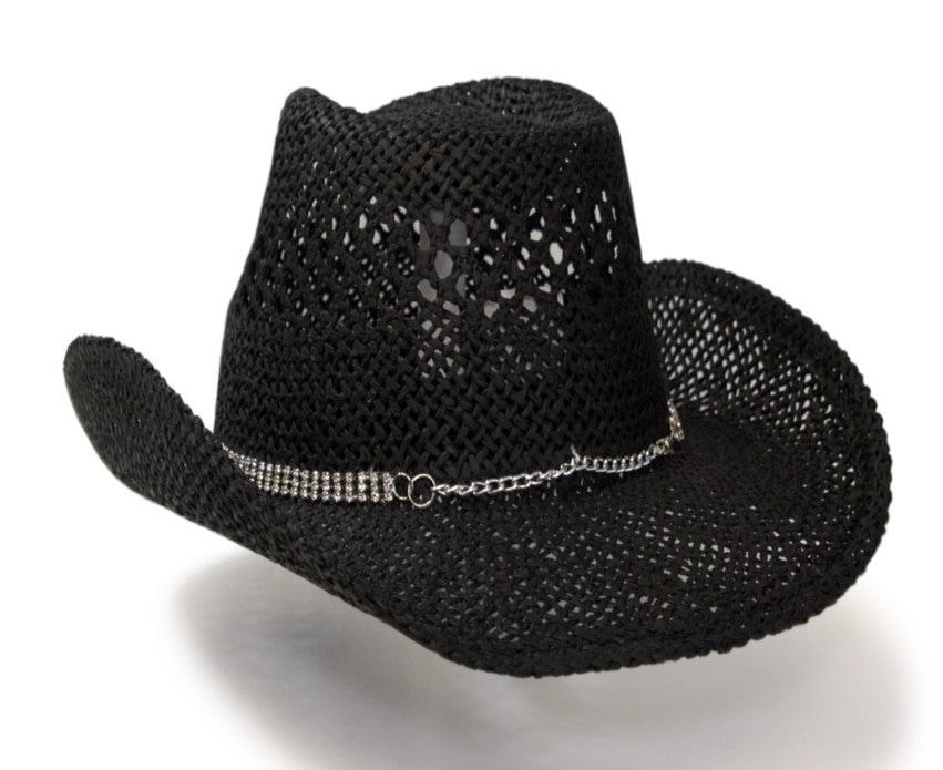 RA-311BLK Hat in Black Twisted Straw Western Pinch Front Hat with Rhinestone Hat Band