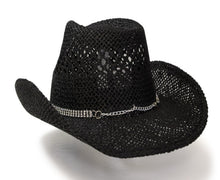 Load image into Gallery viewer, RA-311BLK Hat in Black Twisted Straw Western Pinch Front Hat with Rhinestone Hat Band
