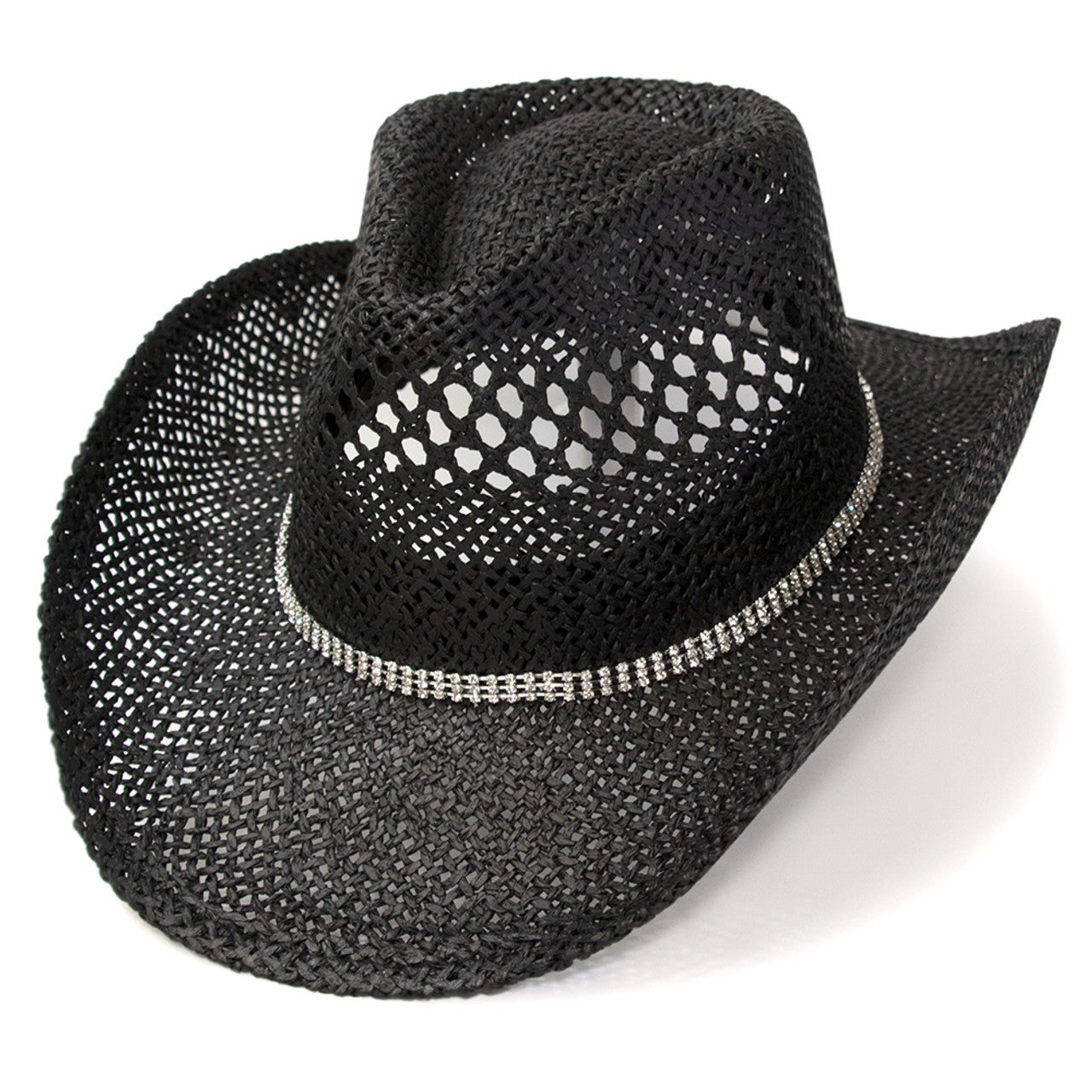 RA-311BLK Hat in Black Twisted Straw Western Pinch Front Hat with Rhinestone Hat Band