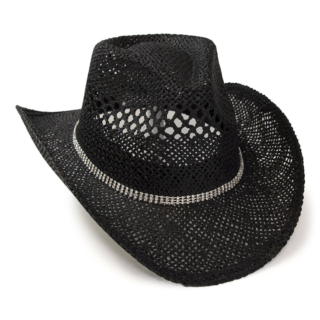 RA-311BLK Hat in Black Twisted Straw Western Pinch Front Hat with Rhinestone Hat Band