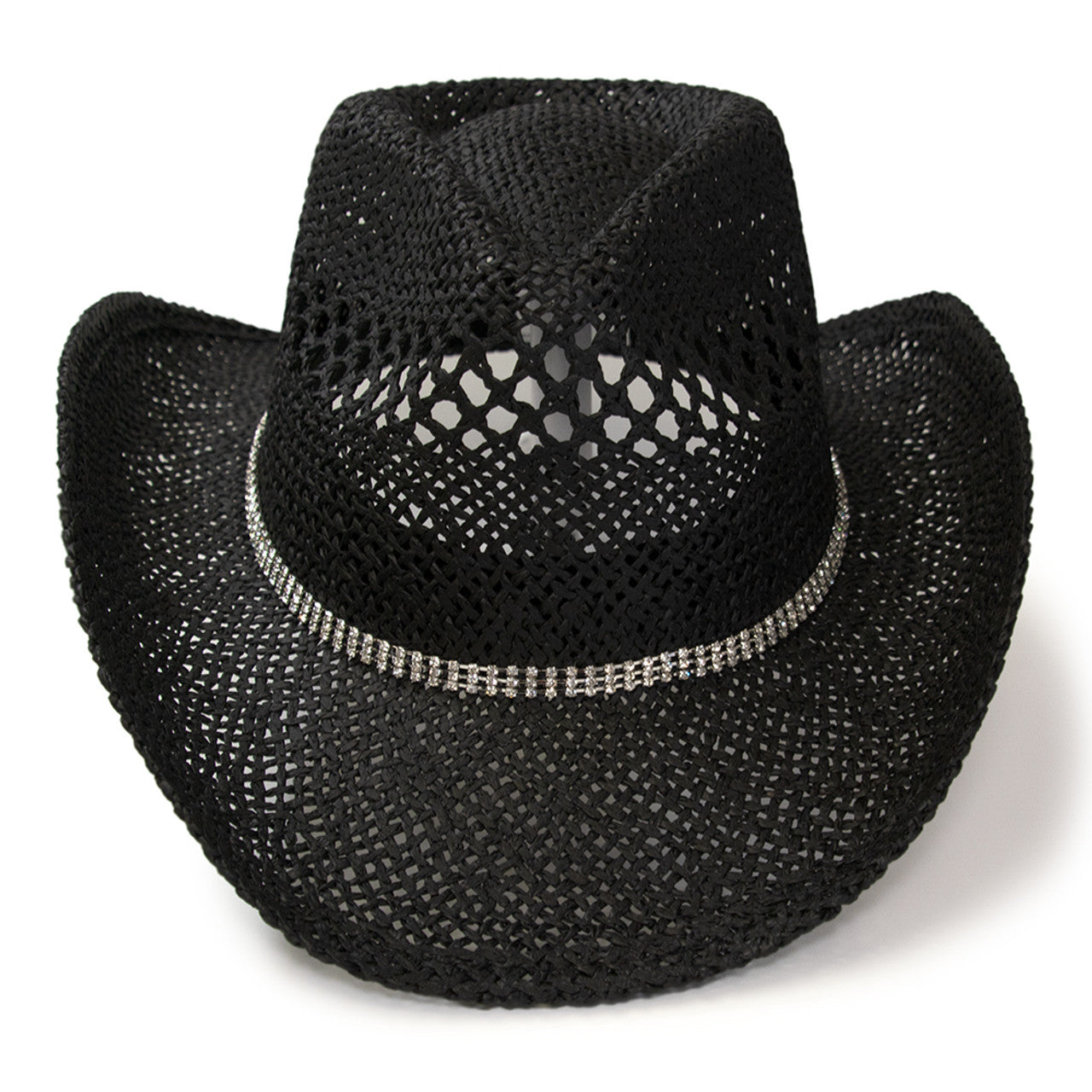 RA-311BLK Hat in Black Twisted Straw Western Pinch Front Hat with Rhinestone Hat Band
