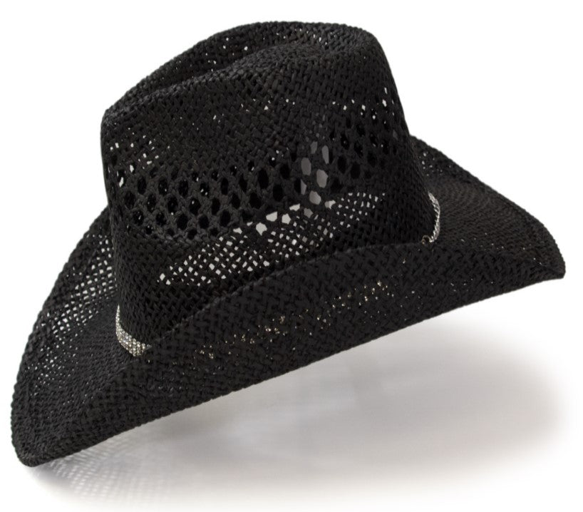 RA-311BLK Hat in Black Twisted Straw Western Pinch Front Hat with Rhinestone Hat Band