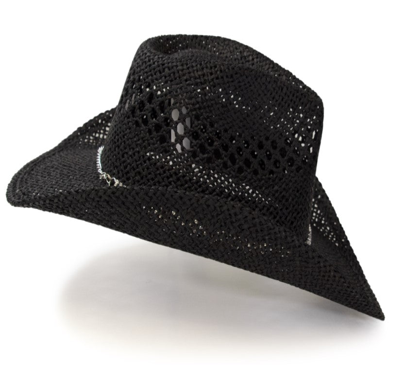 RA-311BLK Hat in Black Twisted Straw Western Pinch Front Hat with Rhinestone Hat Band