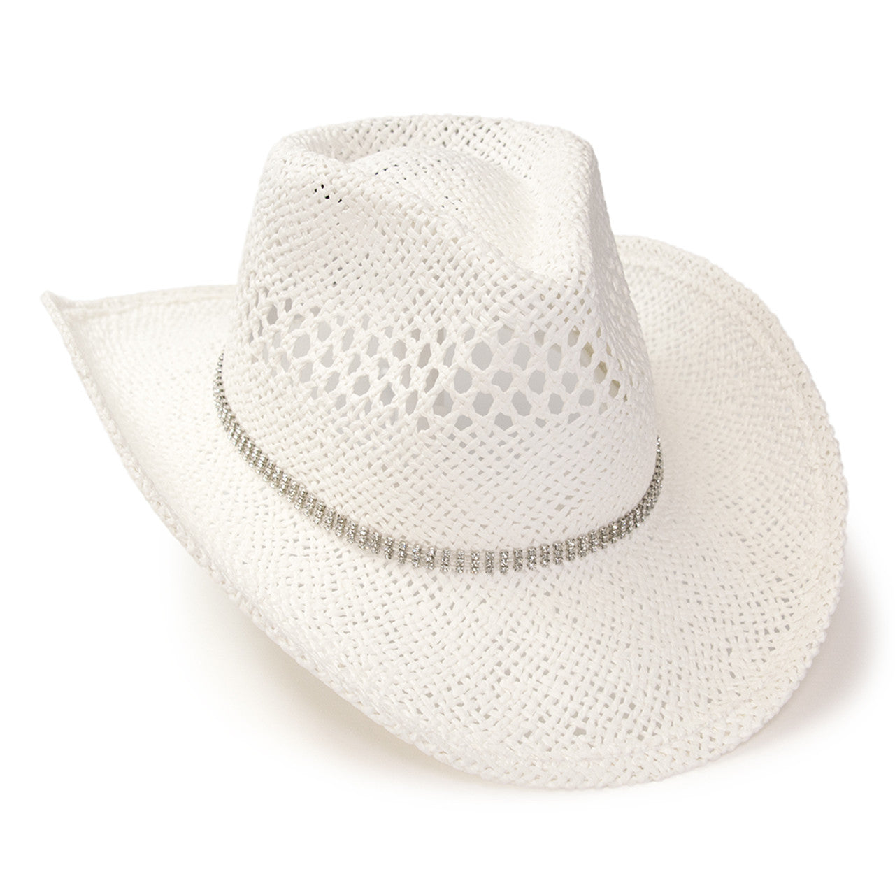 RA-311WHT Hat in White Twisted Straw Western Pinch Front Hat with Rhinestone Hat Band