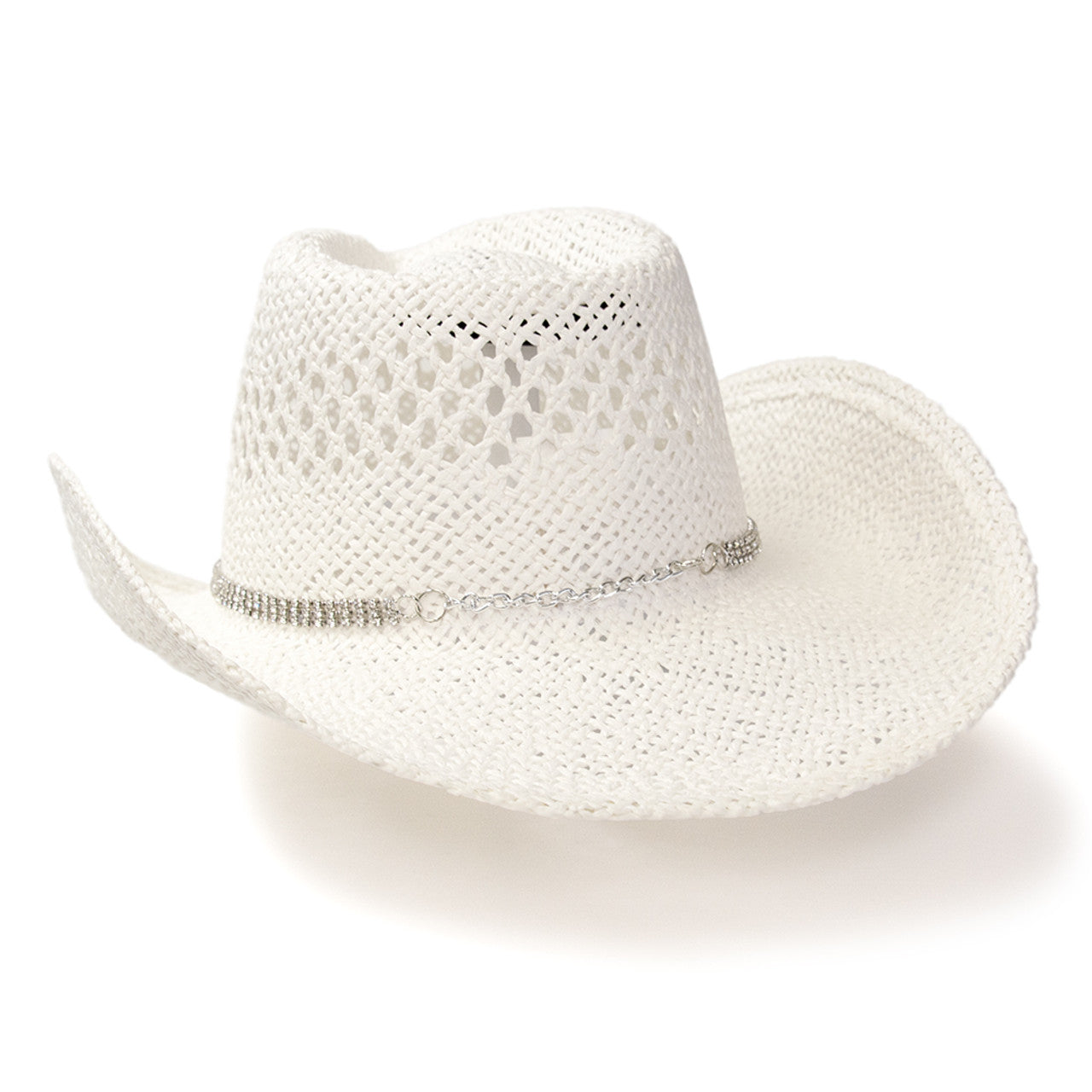 RA-311WHT Hat in White Twisted Straw Western Pinch Front Hat with Rhinestone Hat Band