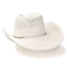 Load image into Gallery viewer, RA-311WHT Hat in White Twisted Straw Western Pinch Front Hat with Rhinestone Hat Band
