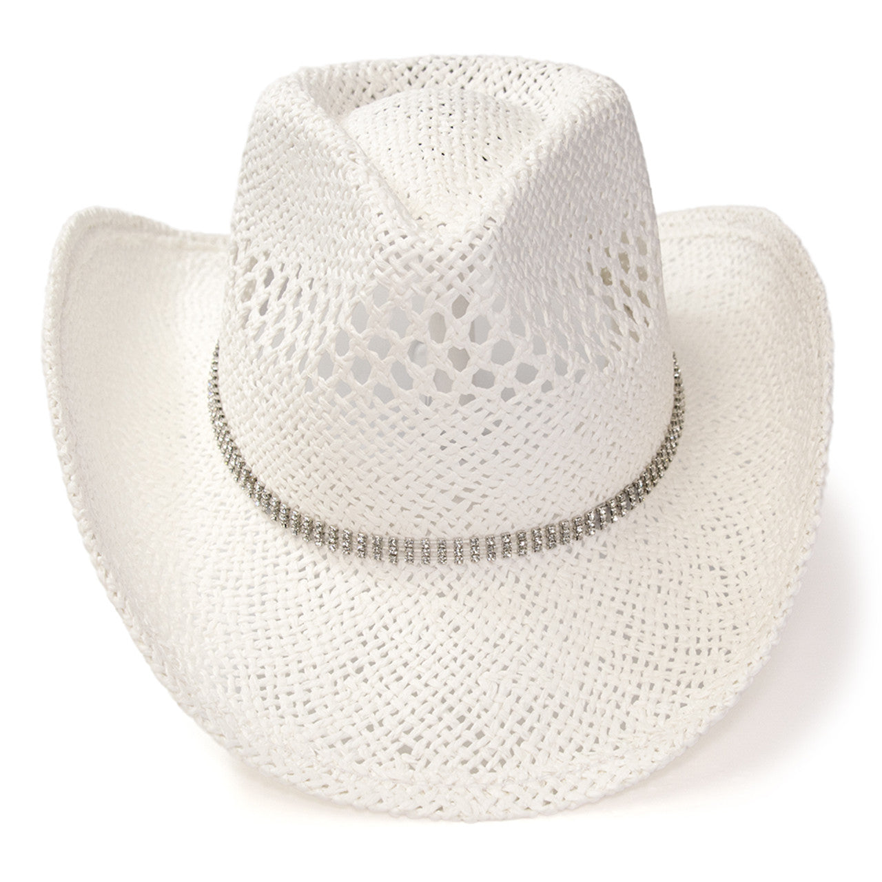 RA-311WHT Hat in White Twisted Straw Western Pinch Front Hat with Rhinestone Hat Band
