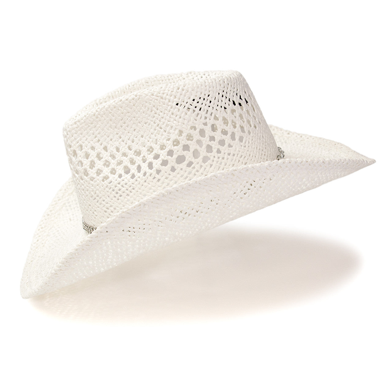 RA-311WHT Hat in White Twisted Straw Western Pinch Front Hat with Rhinestone Hat Band