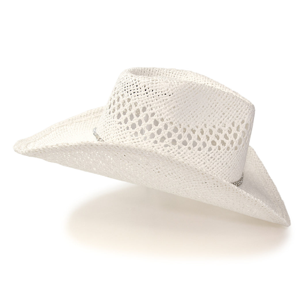 RA-311WHT Hat in White Twisted Straw Western Pinch Front Hat with Rhinestone Hat Band