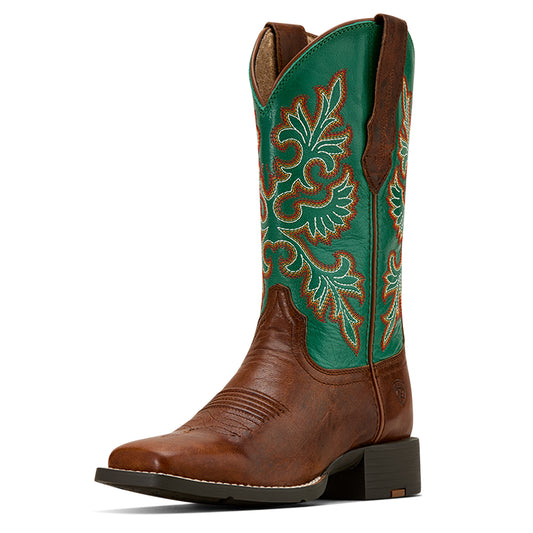 Ariat Ladies 10061223 Round Up Wide Square Toe Stretch Fit Western Boots in Arizona Brown & Jade