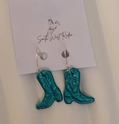 South West Rodeo Azalia Silver Plated Hoops Teal & Silver Fleck Cowboy Boot Handmade Earrings