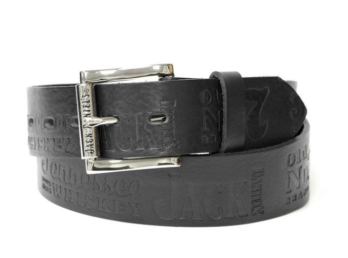 XM-151JD Black Leather Belt Contemporary Pattern Embossed Gunmetal Silver Plated Jack Daniel's Buckle