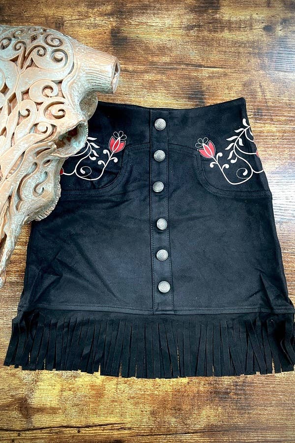 Girls Black Suede Floral Western Fringe Skirt SK012-G-BLK