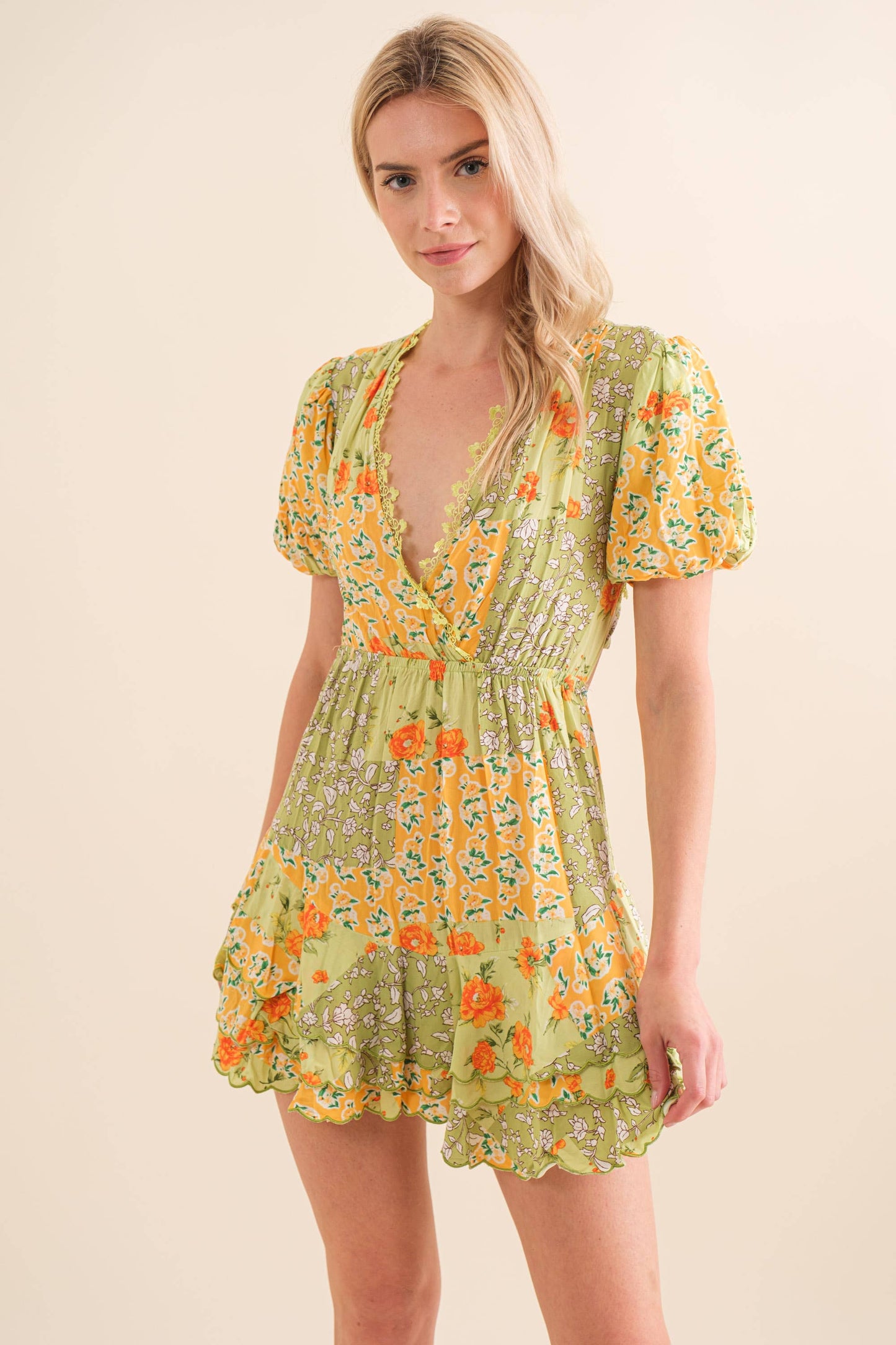 Blue B 32880D - Tiered Scallop Hem Mini Dress in Yellow/Green