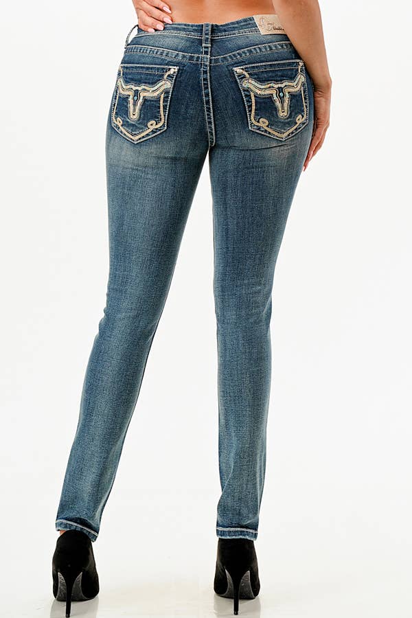 Grace In LA Steer Head Stitches Mid Rise Skinny Jeans EN-51980