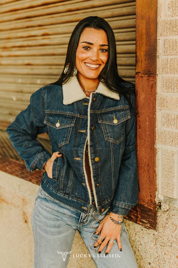 Dark Wash Sherpa Lined Collared Denim Jacket JO255