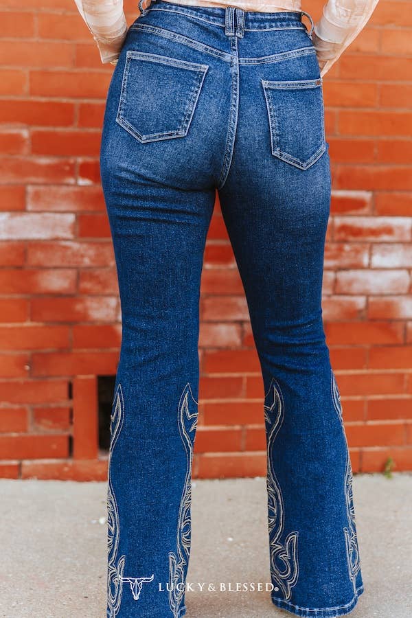 Lucky & Blessed Dark Wash High Rise Boot Stitch Bootcut Jeans JE455-DW