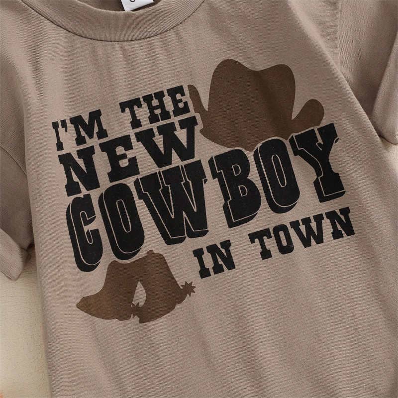 Western Short Sleeved Romper in Brown "I'm The New Cowboy in Town"