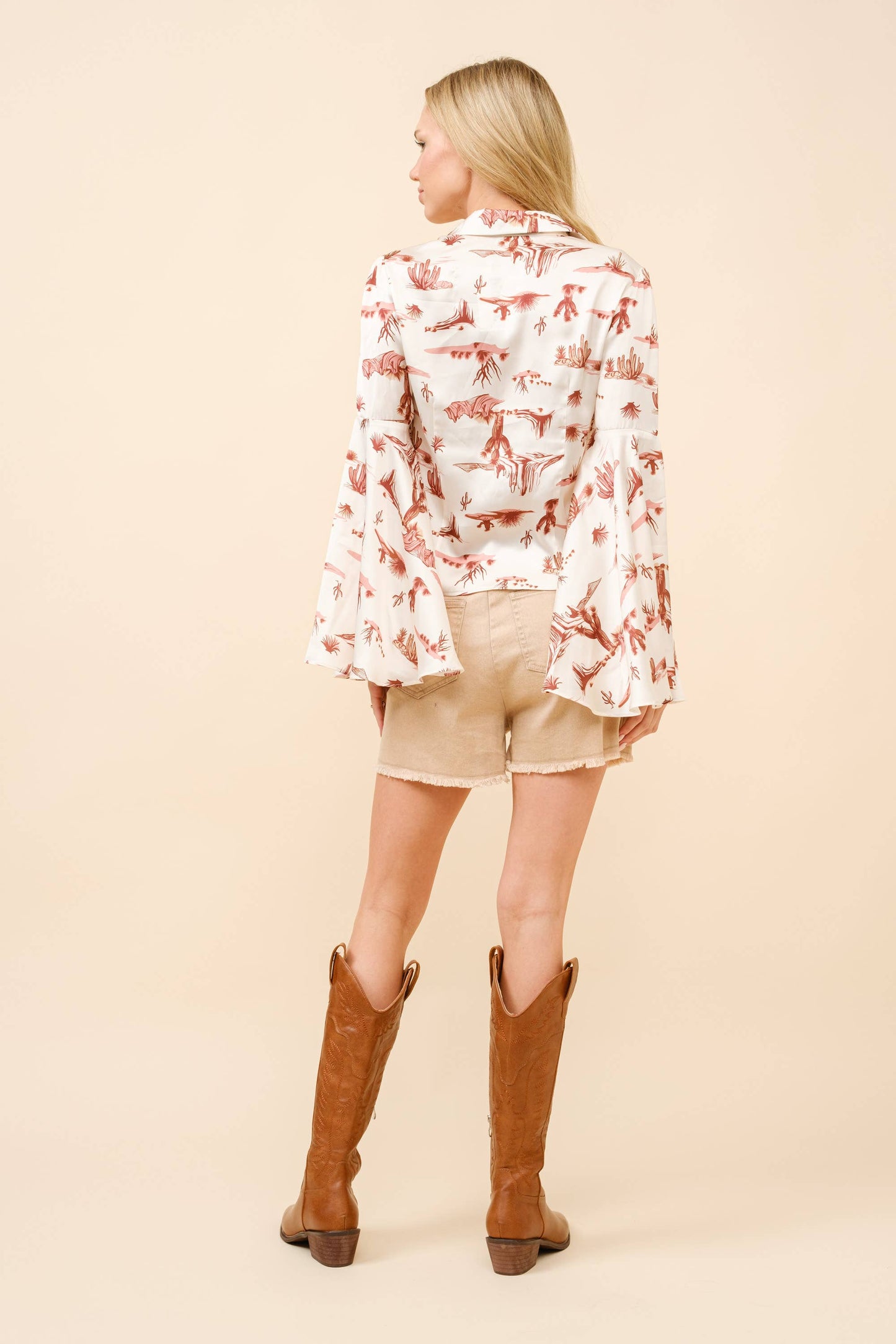 36301T - Western Print Satin Button Up Bell Sleeve Blouse: IVORY