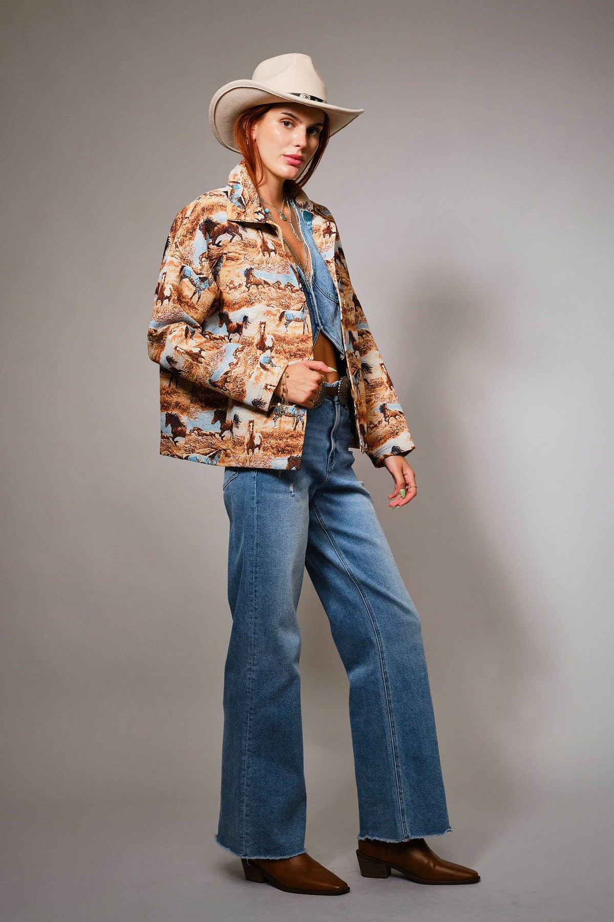 Blue B 33144J Western Pattern Button Front Jacquard Jacket