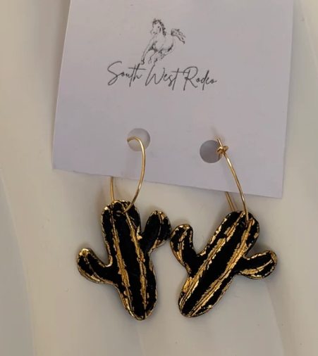 South West Rodeo Beatrice Gold Plated Hoops Black Cactus Handmade Earrings