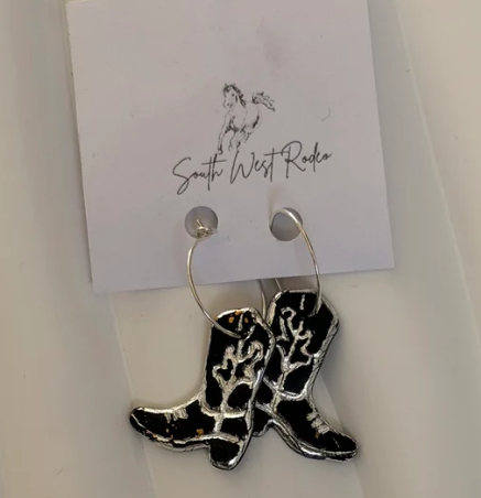 South West Rodeo Azalia Silver Plated Hoops Black Cowboy Boot Handmade Earrings